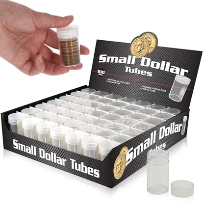 BCW Small Dollar Coin Tubes - 100 Count | Holds Sacagawea, Presidential & Susan B. Anthony Coins | Secure Plastic Coin Holders for Collectors & Storage | Durable Coin Collecting Supplies