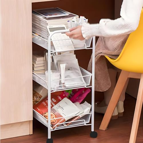 Storage Carts 3-Tier, Metal Utility Rolling Cart, White - color: White