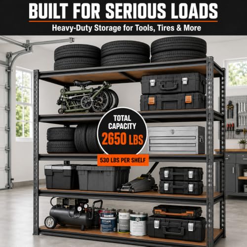 Garage Storage Shelves, Heavy Duty Metal Shelving, 2650LBS, 48" W - size: 24"D x 48"W x 72"H