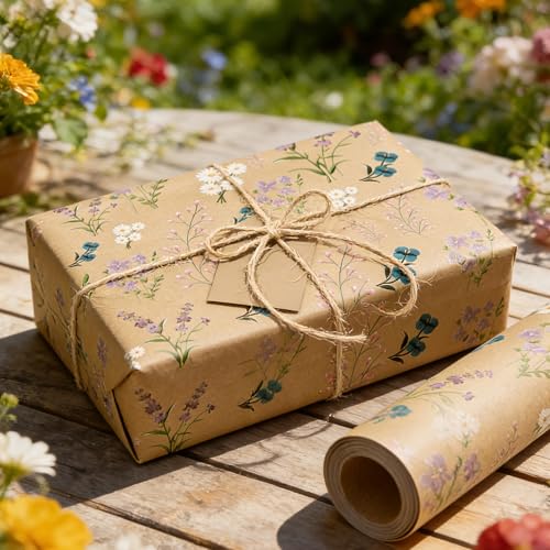 BBUP Wildflower Floral Wrapping Paper – Vintage Botanical Kraft Gift Wrap Roll for Wedding, Bridal Shower, Birthday & DIY Crafts (17 Inches x 9.84 Feet)