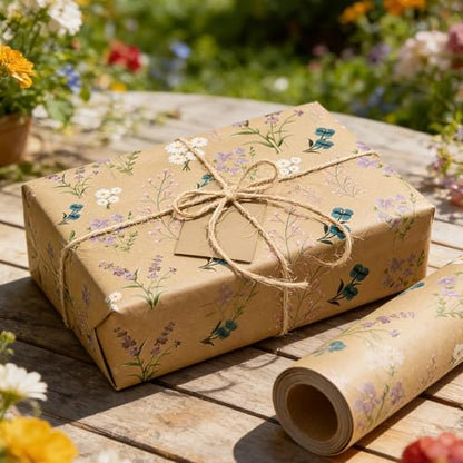 BBUP Wildflower Floral Wrapping Paper – Vintage Botanical Kraft Gift Wrap Roll for Wedding, Bridal Shower, Birthday & DIY Crafts (17 Inches x 9.84 Feet)