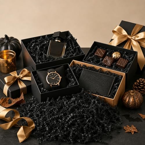 STRBOXONG Black Crinkle Paper Filler 1 LB, Dust-Free Crinkle Cut Paper Shred for Luxury Gift Boxes, Men's Gifts, Halloween Baskets, Party Favors, Retail Displays and Event Packaging - color: Black