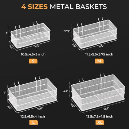 INCLY 4 Pack Upgrade Pegboard Baskets, 4 Sizes Square Metal Mesh Basket - color: White