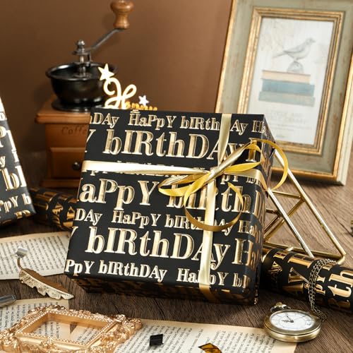 WRAPAHOLIC 30 Inch 3D Kraft Birthday Wrapping Paper Roll - 30 Inch x 16.5 Feet - Gold and Black Happy Birthday Wrapping Paper with Embossed Perfect for Holiday, Party Celebration - color: Black & Gold Happy Birthday, size: 30 inch x 16.5 feet