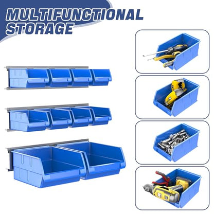 WALMANN Wall Mounted Storage Bins for Small Parts, 10 Bins with 3 Rails - color: Blue