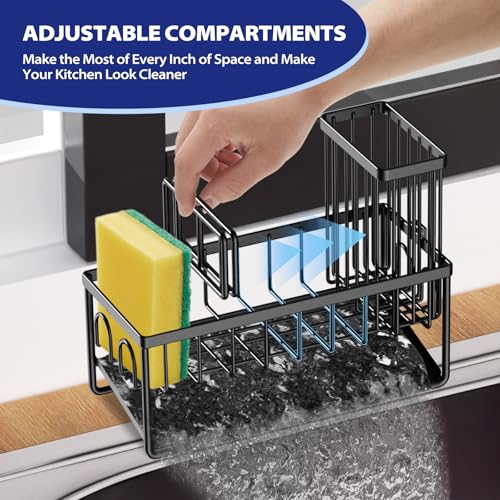 Sinnsally Kitchen Sponge Holder,Sink Caddy Organizer with Brush Holder,Stainless Steel Sink Box Dish Scrubber Holder with Self Drain Tray,Soap Dispenser Kitchen Storage Accessories(1 Tier-Black) - color: 1 Tier-Black