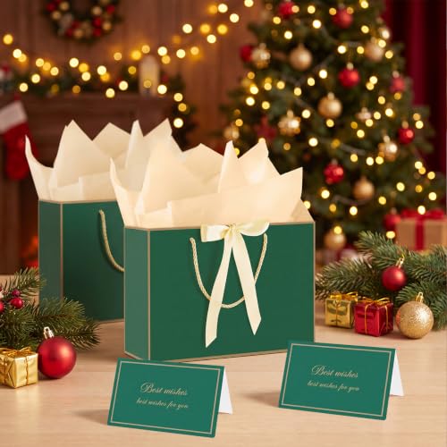 woric 2 Pcs Green Gift Bags, 14" Medium Gift Bags with Tissue Paper - color: Green