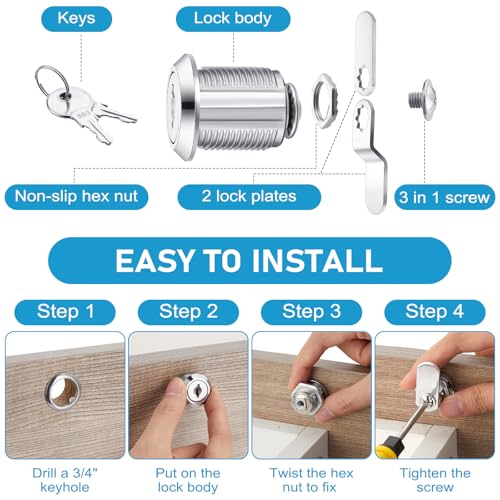 Kenning 24 Sets 3/4'' Fits on 0.5'' Max Cabinet Locks with Keys for Secure Drawer Mailbox Rv Storage Box Replacement Lock, Zinc Alloy - size: 1-3/4 Inch