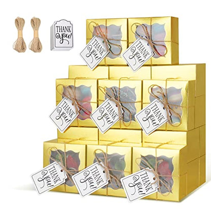 KPOSIYA 20pcs Small Cookie Boxes with Window, 4x4x2.5 Gold Bakery Box - color: Gold, size: 20