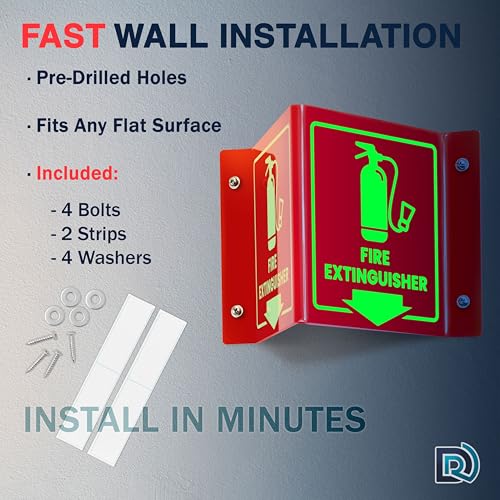 Fire Extinguisher Sign Glow in Dark, 3D Acrylic V Sign, Down Arrow, Screws - color: Glow Red Acrylic - Pack of 1