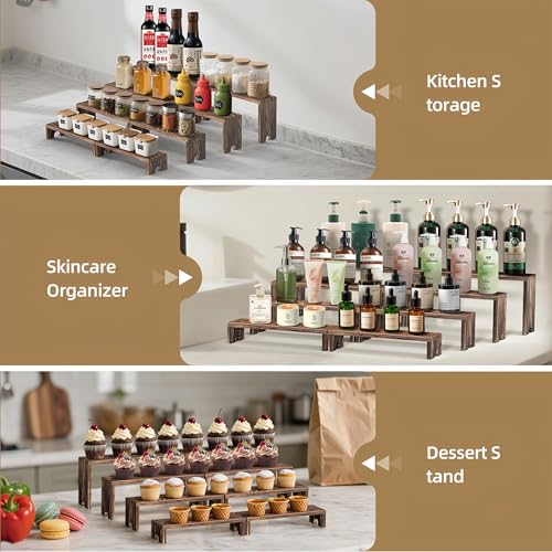 2 Set wood tone Wooden Tiered Display Stands 4 Tier Stackable Pine Wood Display Risers, Suitable for Vendor Events, Cupcake Stands, cake stand Wooden Dessert Table Sets, Vendor Booth Displays,Cosmetic & pantry organizers and storage can organizer, Kitchen