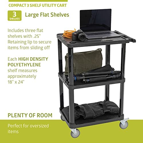Pearington 3-Tier Compact Multi-Purpose Plastic Utility Cart with Lockable Wheels up to 300LBS, Black - size: 3 Shelves