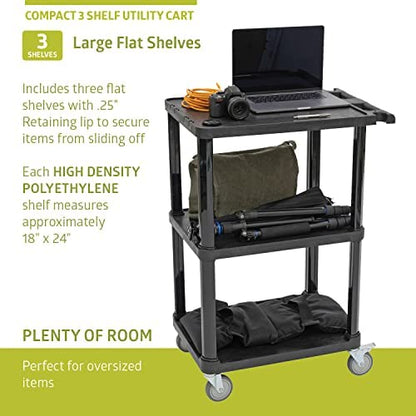 Pearington 3-Tier Compact Multi-Purpose Plastic Utility Cart with Lockable Wheels up to 300LBS, Black - size: 3 Shelves