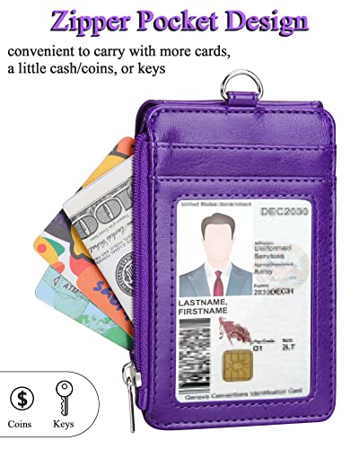 Teskyer Leather ID Badge Holder with Lanyard, Lanyard Wallet, Purple - color: Purple, size: 3.1" x 4.7"