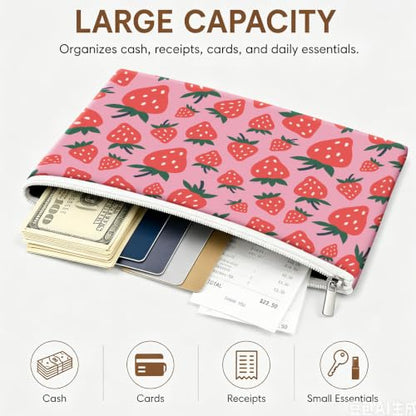 Money Bag with Zipper, Cute PU Leather Cash Bags, Portable Bank Bag Money Pouch for Cash, Coins, Checks, Receipts, Invoices Cosmetics Tools, Deposit Bag for Office Travel, Pink Strawberry - color: Pink Strawberry