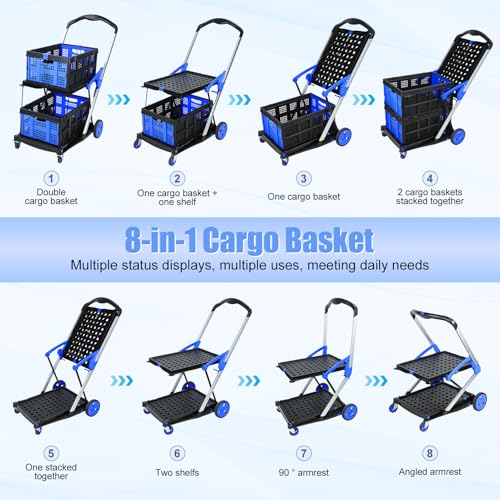 Foldable Shopping Cart, Heavy Duty Collapsible Cart with Wheels, 198 lbs Capacity, Compact Fold to 4.33", Aluminum Frame & Removable PP Wheels, Includes 2 Storage Boxes (Blue)