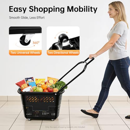 6PCS 35L Shopping Carts with Wheels and Handle, Heavy Duty Plastic Rolling Shopping Basket with Foldable Handle 4 Wheels, Portable Shopping Basket Set for Supermarkets Retail Stores (Black)