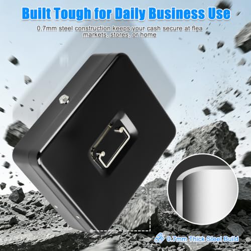KYODOLED Metal Cash Box with Key Lock, Anti-Theft Cable & Waterproof Pouch - color: Black-Cable