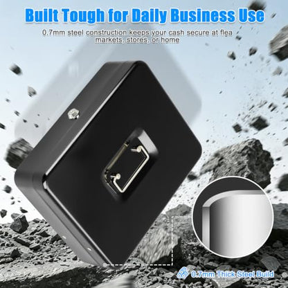KYODOLED Metal Cash Box with Key Lock, Anti-Theft Cable & Waterproof Pouch - color: Black-Cable