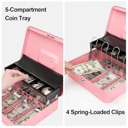 Jssmst Metal Cash Box with Money Tray and Lock, Portable Cash Drawer, 11.8" - color: Pink Key-C