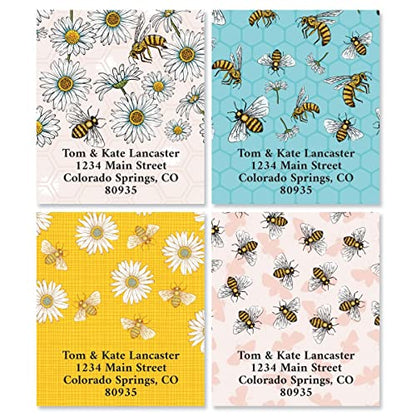 Bee Pattern Personalized Address Labels - Set of 144 (4 Designs), 1 ½” x 1 ¾”, Self-Adhesive, Large Flat-Sheet Select Labels, By Colorful Images - color: Bee Pattern