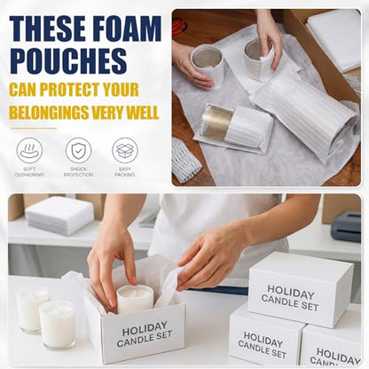 750 Pcs Packing Supplies for Moving 300 Cushion Foam Pouches 4 Sizes (16x12", 12x12", 12x8", 8x8") 75 Pcs 12x12" Foam Sheets with 375 Fragile Stickers for Moving Dish Glass Storage Transport