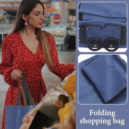 Foldable Shopping Trolley Bag with Wheels Large Grocery Pouch for Shopping Picnics and Everyday Use Portable Collapsible Grocery Bag with Storage 18.89 X 16.14 X 5.51 in