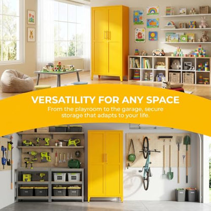 61" Tall Yellow Lockable Metal Storage Cabinet, Farmhouse Pantry Cabinet with 2 Square-Pattern Doors & 3 Adjustable Shelves, Freestanding Cupboard with Legs for Home, Office, Laundry, Entryway - color: Mustard, style: Cabinet-61"H-DL