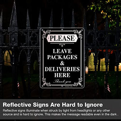 Faittoo Please Leave Packages and Deliveries Here Sign, 14 x 10 Inch Reflective Aluminum Sign, UV Protected and Weatherproof, Durable Ink, Easy to Install and Read, Indoor/Outdoors Use - color: Black - 14 x 10 inch Aluminum - 1 Pack