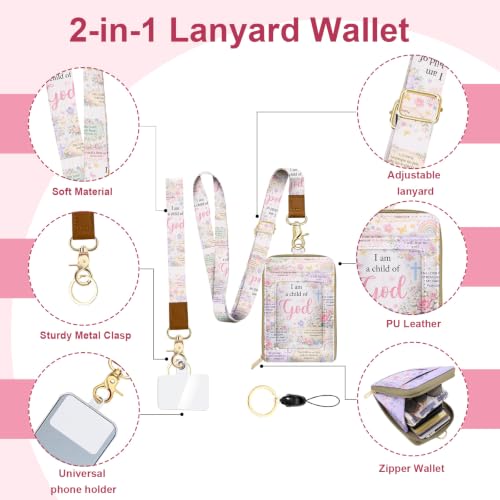 PU Leather Lanyard Wallet with ID Badge Holder with 1 Zip Pocket and 3 Card Slots Keychain Phone Lanyard Wrist Strap, RFID Blocking for Office School Business-I am Child of god - color: I Am Child of God