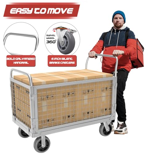 Folding Platform Truck Cart with Cage, Flat Cart with Wheels and Handle, Flat Bed Dolly Can Load 1500 Pounds, Flat Rolling Cart with 6In Swivel Heavy Duty Brake Caster (35.4 inches in length)