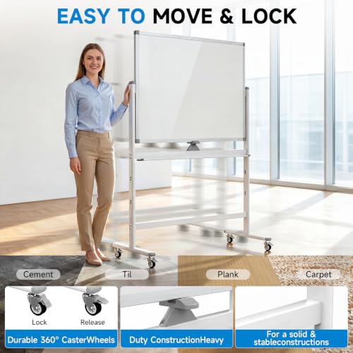Mobile Rolling Whiteboard on Wheels 48" x 36" Double-Sided Magnetic - color: White, size: 48X36