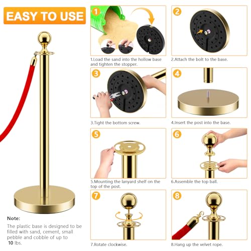 LOVMOR 12Pcs Gold Stanchion Posts Queue with 8pcs Red Velvet Rope, Crowd Control Barriers Queue Line Rope, Crowd Control Stanchion for Party Supplies - color: Gold-12pack