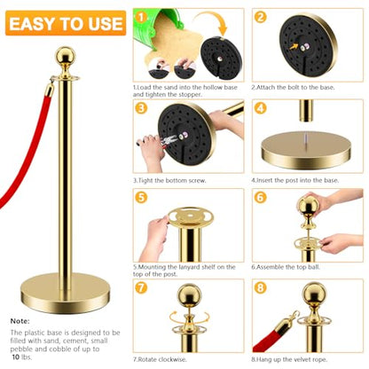 LOVMOR 12Pcs Gold Stanchion Posts Queue with 8pcs Red Velvet Rope, Crowd Control Barriers Queue Line Rope, Crowd Control Stanchion for Party Supplies - color: Gold-12pack