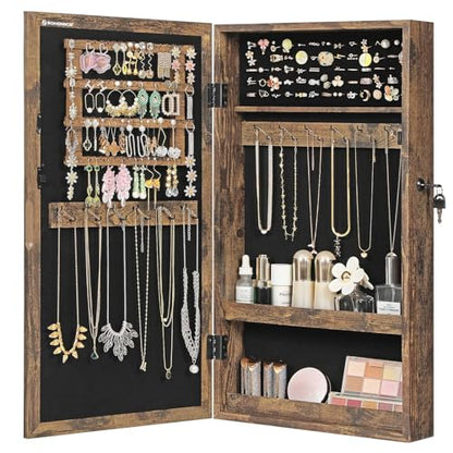 SONGMICS Lockable Jewelry Cabinet Armoire with Mirror, Wall-Mounted - color: Rustic Brown, style: Essential Capacity