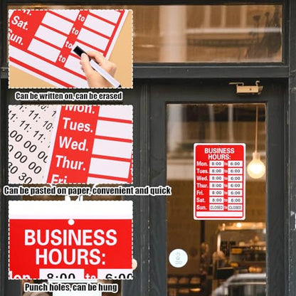 Business Hours Sign, Changeable Operation Times Sign Kit with Matching Sticker & Pen Hangable Writable Store Office Open Closed Hours Boards for Glass Door Window