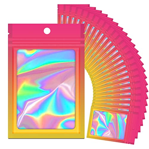 100 Pieces Reusable Bags Clear Window, Holographic Gradient Mylar Zip Bag - color: Hot Pink&Orange, size: 6.3x9.4 Inch