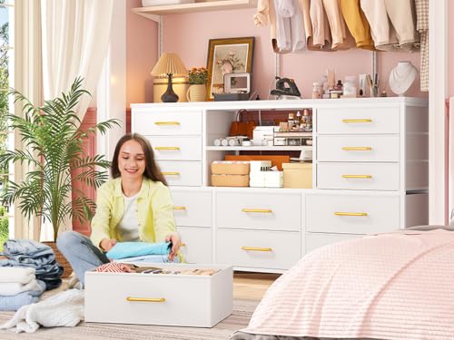 EnHomee Dresser for Bedroom with LED Lights & Charging Station - color: White