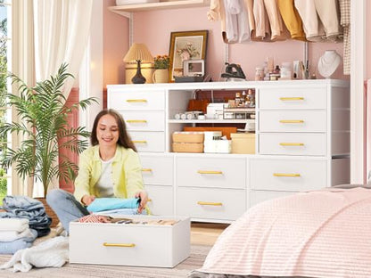 EnHomee Dresser for Bedroom with LED Lights & Charging Station - color: White