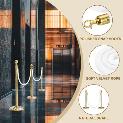 MECCANIXITY Velvet Stanchion Rope 5 Ft/1.5 M, Barrier Rope Velvet Carpet Ropes with Snap Hooks for Posts Stands Queue Divider Crowd Control, White Golden Pack of 2 - color: White Golden, size: 5 Ft