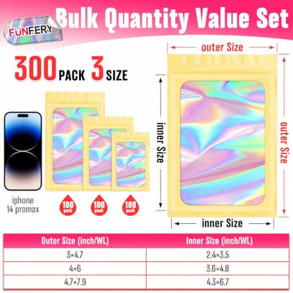 Funfery 300Pack 3Size Mylar Holographic Bags with Clear Window,Light Yellow - color: Light Yellow, size: 3x4.7+4x6+4.7x7.9 Inch