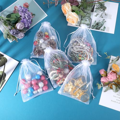 wutfuooo 200 Pcs Large Organza Bags 7 x 9 Inch Organza Gift Party Favor Packing Mesh Drawstring Gift Bags Jewelry Pouch Gift Wrapping for Valentines Christmas Wedding Shower Party Goodie,White