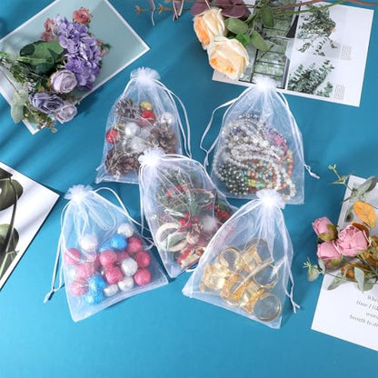 wutfuooo 200 Pcs Large Organza Bags 7 x 9 Inch Organza Gift Party Favor Packing Mesh Drawstring Gift Bags Jewelry Pouch Gift Wrapping for Valentines Christmas Wedding Shower Party Goodie,White