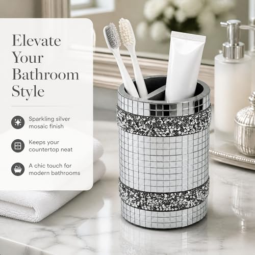 Silver Mirrored Mosaic Glass Toothbrush Holder - size: Toothbrush Holder