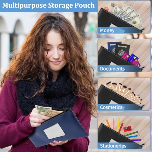 2 Pack PU Leather Bank Money Bags with Zipper & Label, Black & Navy Blue - color: Black & Navy Blue