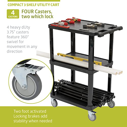 Pearington 3-Tier Compact Multi-Purpose Plastic Utility Cart with Lockable Wheels up to 300LBS, Black - size: 3 Shelves