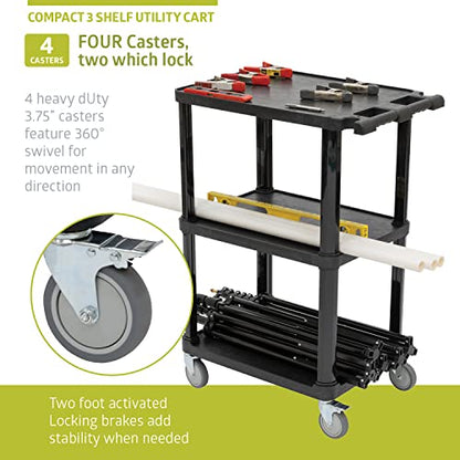 Pearington 3-Tier Compact Multi-Purpose Plastic Utility Cart with Lockable Wheels up to 300LBS, Black - size: 3 Shelves