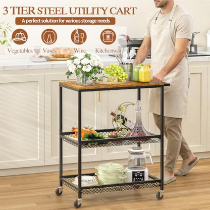 3 Tier Rolling Utility Kitchen Cart on Wheels, Heavy Duty Wire Rolling Cart with Wooden Top, Commercial Metal Serving Cart with Handle, Kitchen Island Food Storage Trolley for Laundry, Office, Garage - color: Wooden-black