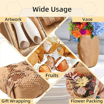 Honeycomb Packing Paper 15"x315' Roll with Fragile & Labeling Stickers, Gloves - Bubble Wrap for Moving,Products & Gifts Wrapping Paper, Recyclable & Biodegradable Cushioning Packing Material.