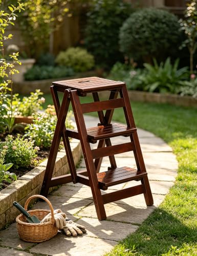 3-Step Wooden Folding Step Stool – Solid Pine Frame, Non-Slip Steps, Anti-Scratch Base, 337lb Capacity – No Assembly Required, Space-Saving for Kitchen & Home – Walnut (Dark Walnut) - color: Dark Walnut